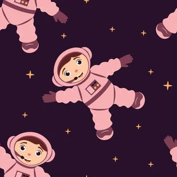 Seamless pattern with a cute astronaut in an open space cartoon style.  Spa.. 스톡 일러스트