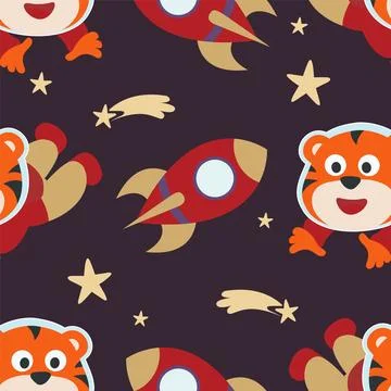 Seamless pattern cute astronaut  tiger in space with cartoon style Stock Illustration