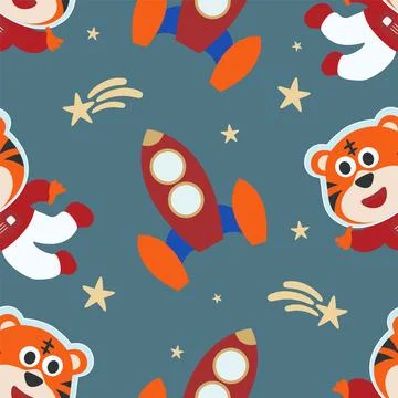 Seamless pattern cute astronaut  tiger in space with cartoon style イラスト素材