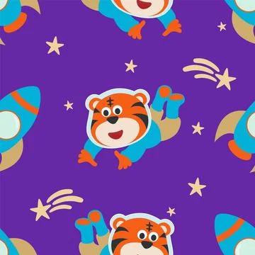 Seamless pattern cute astronaut  tiger in space with cartoon style. Stock Illustration