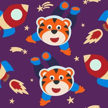 Seamless pattern cute astronaut  tiger in space with cartoon style. 스톡 일러스트