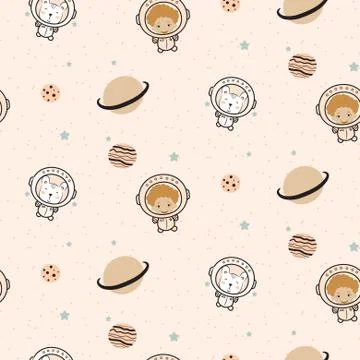 Seamless pattern with cute astronauts and cartoon planet stars comets. Stock Illustration