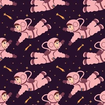 Seamless pattern with cute astronauts and shooting stars in zero gravity. Illustrazione stock