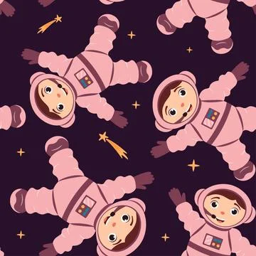 Seamless pattern with cute astronauts and shooting stars in zero gravity in.. Stock Illustration