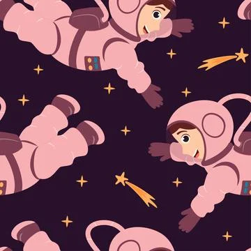 Seamless pattern with cute astronauts and shooting stars in zero gravity in.. Stock Illustration