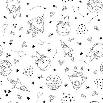 Seamless pattern with cute astrunaut bear, spaceship and stars in black and w 스톡 일러스트