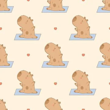 Seamless Pattern Cute athlete capybara stretching fitness on yoga mat. Funn.. 스톡 일러스트