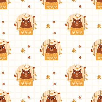 Seamless pattern with Cute Autumn Bear in Cozy Sweater with Fall Leaves on .. Stock Illustration