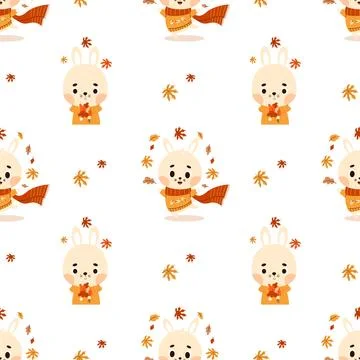 Seamless pattern with Cute Autumn Bunny with Fall Leaves on white backgroun.. Stock Illustration
