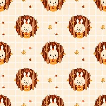Seamless pattern with Cute Autumn Bunny with Fall Leaves on Beige checkered.. Illustrazione stock