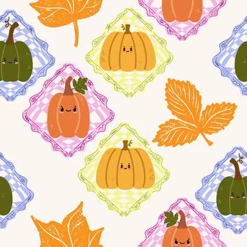 A seamless pattern of cute autumn pumpkins in checkered frames, in a cartoon  Stock Illustration