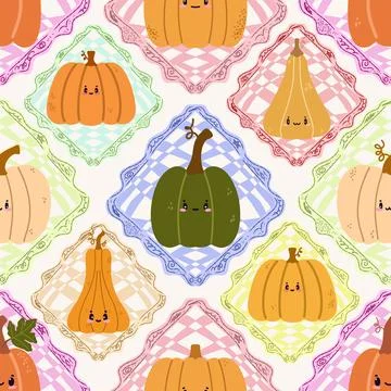 A seamless pattern of cute autumn pumpkins in checkered frames, in a cartoon  Stock Illustration