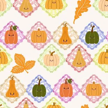 A seamless pattern of cute autumn pumpkins in checkered frames, in a cartoon  Stock Illustration