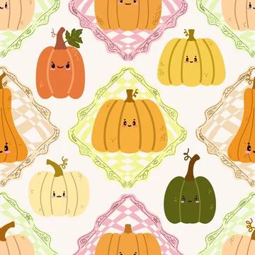 A seamless pattern of cute autumn pumpkins in checkered frames, in a cartoon  Stock Illustration
