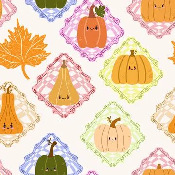 A seamless pattern of cute autumn pumpkins in checkered frames, in a cartoon  Stock Illustration