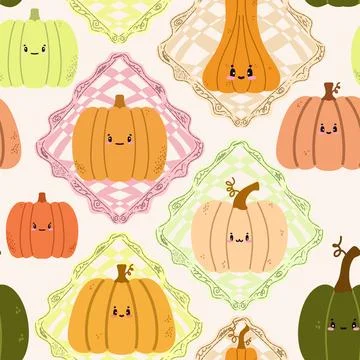 A seamless pattern of cute autumn pumpkins in checkered frames, in a cartoon  Stock Illustration