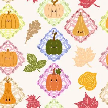 A seamless pattern of cute autumn pumpkins in checkered frames, in a cartoon  Stock Illustration