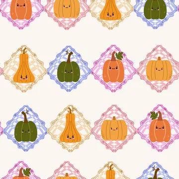 A seamless pattern of cute autumn pumpkins in checkered frames, in a cartoon  Stock Illustration