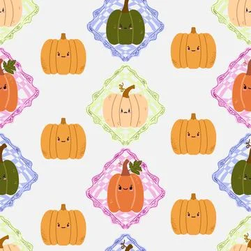 A seamless pattern of cute autumn pumpkins in checkered frames, in a cartoon  Stock Illustration