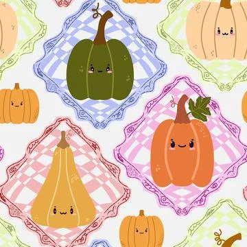 A seamless pattern of cute autumn pumpkins in checkered frames, in a cartoon  Stock Illustration