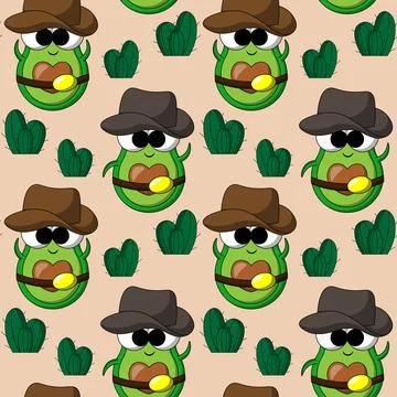 Seamless pattern with Cute Avocado Cowboy Stock Illustration