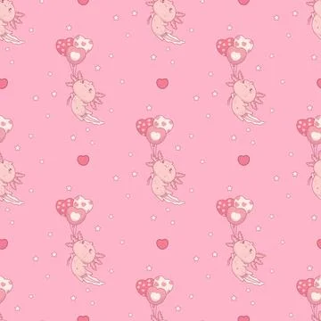 Seamless pattern with cute Axolotl with balloons heart on pink background. .. 스톡 일러스트