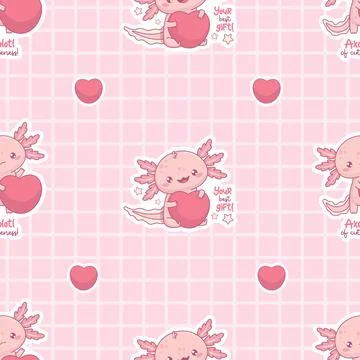 Seamless pattern with cute Axolotl with big heart on checkered pink backgro.. 스톡 일러스트