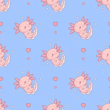 Seamless pattern with cute Axolotl on blue background. Funny Little cartoon.. Stock Illustration
