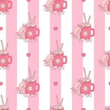 Seamless pattern with cute Axolotl with cup festive hot cocoa with marshmal.. Stockillustratie