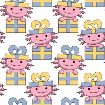 Seamless pattern with Cute Axolotl in gift box Illustrazione stock
