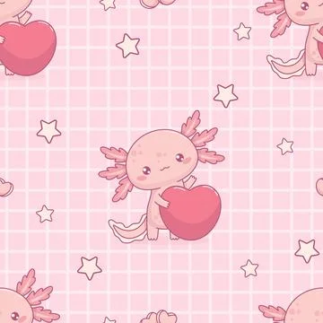 Seamless pattern with cute Axolotl with heart on checkered pink background... 스톡 일러스트