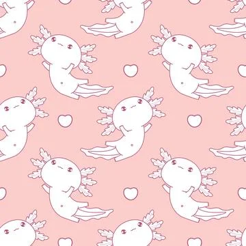Seamless pattern cute Axolotl on pink background. Outline Little cartoon ka.. Stockillustratie