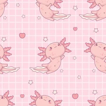 Seamless pattern with cute Axolotl on pink checkered background with heart... 스톡 일러스트