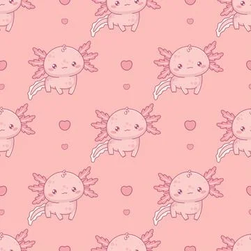 Seamless pattern with cute Axolotl on pink background with heart. Funny Little 스톡 일러스트