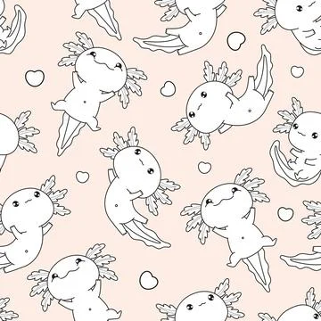 Seamless pattern cute Axolotl on pink background with heart. Funny Little 스톡 일러스트