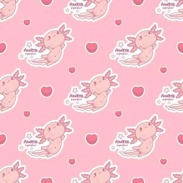 Seamless pattern with cute Axolotl superstar on pink background with heart... 스톡 일러스트