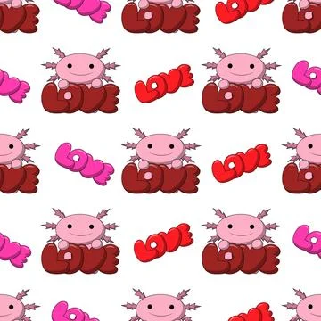 Seamless pattern with Cute Axolotl with word love Illustrazione stock