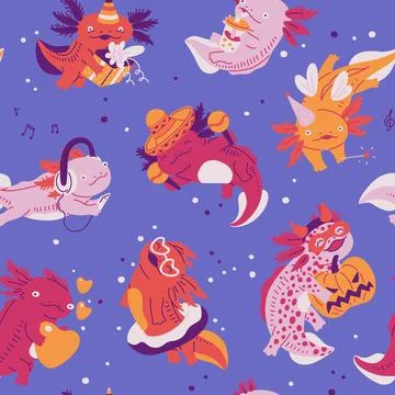 Seamless pattern with cute axolotls flat style, vector illustration イラスト素材