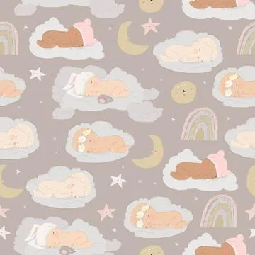 Seamless Pattern with Cute Babies sleeping on a Clouds Stock Illustration