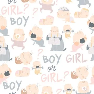 Seamless pattern with cute babies on white background Stock Illustration