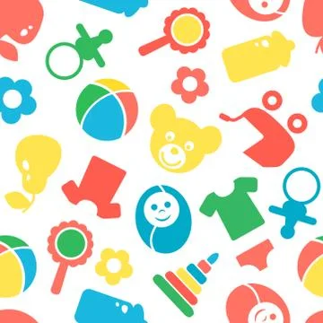Seamless pattern with cute baby accessories on white background Stock Illustration