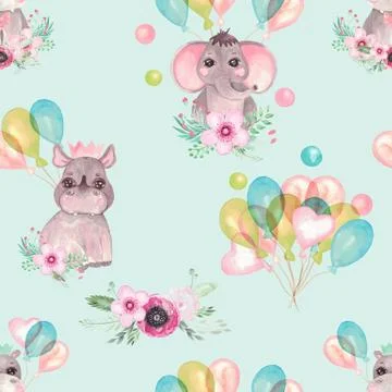 Seamless pattern of cute baby animals with balloons flowers on a blue backgro Stock Illustration