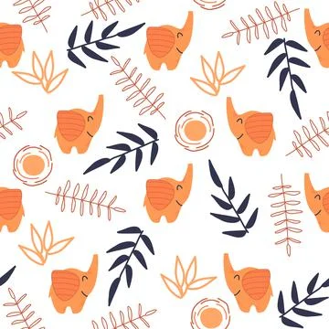 Seamless pattern with cute baby animals and pripical leaves on white bachdrounde Stock Illustration