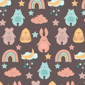 Seamless pattern with cute baby animals. Vector illustration with rabbit, cat Stock Illustration