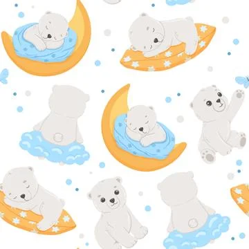 Seamless pattern with cute baby bear sleeping on moon and pillow. Vector cartoon Stock Illustration