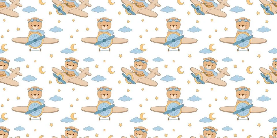 Seamless pattern with cute baby bear pilot in clouds. Animal on airplane, v.. Stock Illustration