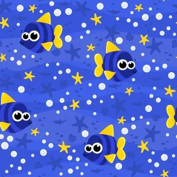 Seamless pattern with cute baby blue fish. Cartoon illustration with bubbles  Stockillustratie