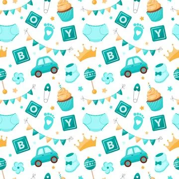 Seamless pattern with cute baby boy themed elements like a car, booties イラスト素材
