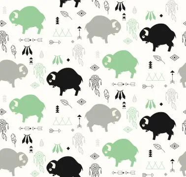 Seamless pattern with cute baby buffaloes and native American symbols Stock Illustration