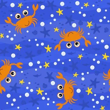 Seamless pattern with cute baby crab cartoon illustration with bubbles and un Stock Illustration